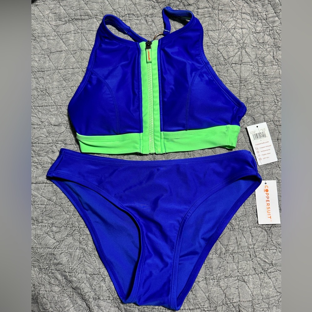 Coppersuit Women's Colorblock Zip Longline Bra Swim Set -Blue Acrylic, Green, S